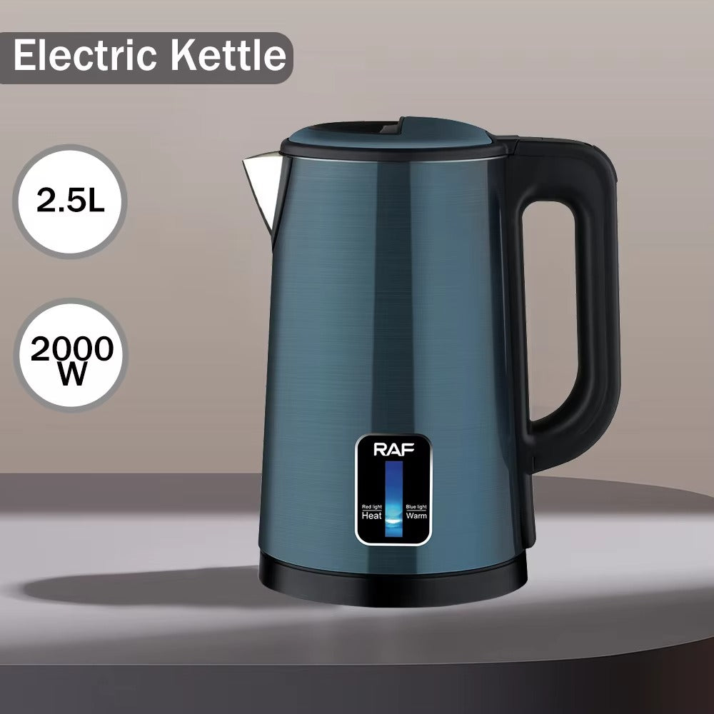 Blue electric kettle with RAF branding on a gray background