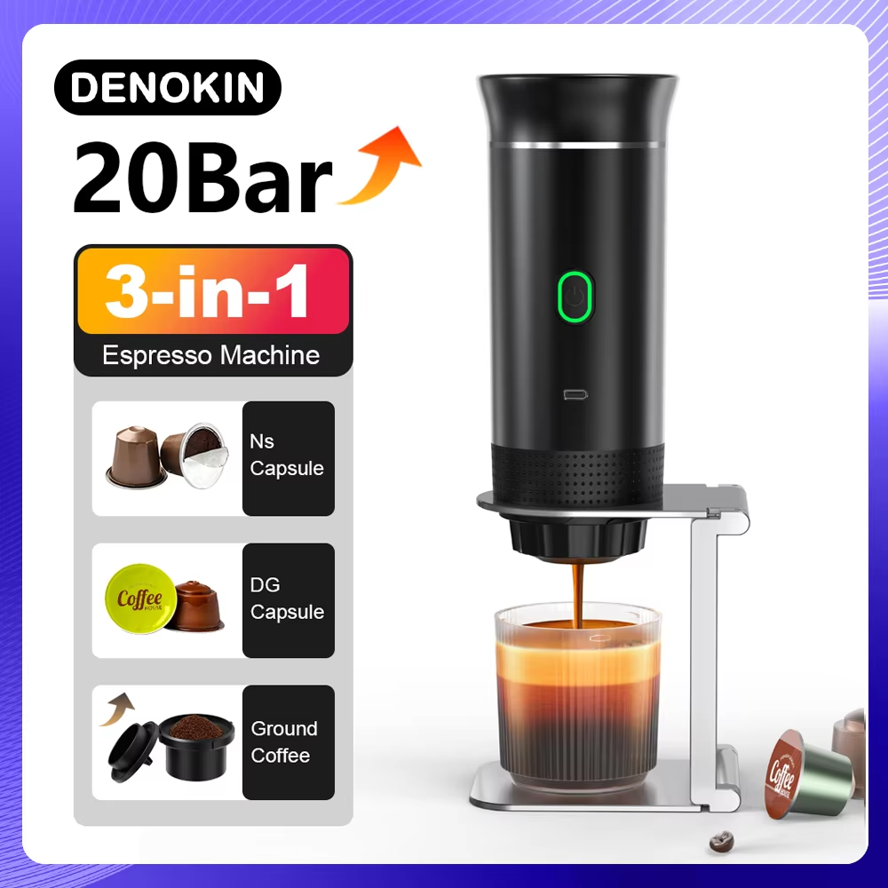 DENOKIN Portable Espresso Coffee Machine | 3-in-1 for Car & Home Use